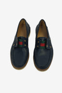 Gucci Navy Leather Web Strip Driving Shoes
