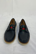 Gucci Navy Leather Web Strip Driving Shoes