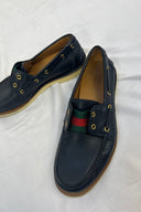 Gucci Navy Leather Web Strip Driving Shoes