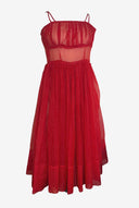 Vintage Sheer Pleated Bodice Red Spot Midi Dress