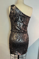 Halston Heritage Grey Sequin One Shoulder Midi Dress