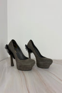 Vintage YSL 'Tribtoo' suede platform pumps with fringe