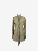 Please Trend soft dove grey suede with dramatic fringing