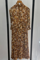 1970 Prairie tea dress with high ruffle neck and  sleeves brown with gold fleck